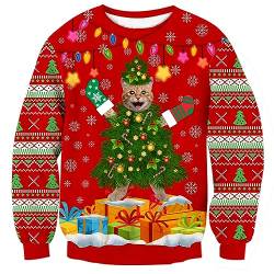 Fanient Damen Weihnachtspullover Herren Ugly Pulli Unisex Weihnachtsbaum Katze Druck Pullover Long Sleeve Weihnachtspullover XXL von Fanient