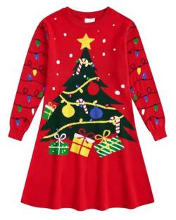 Fanient Mädchen Weihnachtskleid Weihnachts Strickkleid Rot Weihnachtsbaum Druck Pullover Kleid Langarm Kleid 6-7 Jahre,L von Fanient