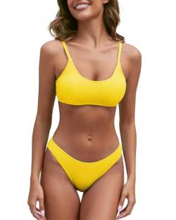 Fanuerg Geripptes Damen-Bikini-Set, U-Ausschnitt, frecher Badeanzug, strukturiert, zweiteiliger Badeanzug, gelb, Medium von Fanuerg