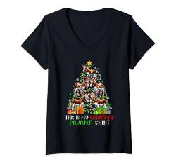 Damen Weihnachtspyjama-Shirt, Weihnachtsmann Esel als Weihnachtsbaumbauer T-Shirt mit V-Ausschnitt von Farmer Christmas Costume