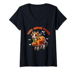 Damen Farm Animal Squad Kuh Cosplay geschnitzter Kürbis Halloween T-Shirt mit V-Ausschnitt von Farmer Halloween Costume