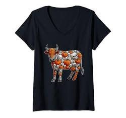 Damen Skulls Carved Pumpkins Halloween Cow Cute Shape Farmer T-Shirt mit V-Ausschnitt von Farmer Halloween Costume