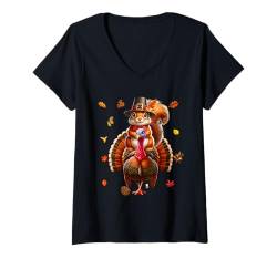 Damen Eichhörnchen reiten Truthahn Thanksgiving Herbst Blätter Besitzer Kinder T-Shirt mit V-Ausschnitt von Farmer Thanksgiving Costume