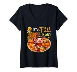 Damen Fall Y'all Thanksgiving Pig Flowers Leopard Pumpkins Autumn T-Shirt mit V-Ausschnitt von Farmer Thanksgiving Costume