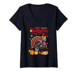 Damen Happy Thanksgiving Turkey Fall Leaves Pumpkins Pie Farmer T-Shirt mit V-Ausschnitt von Farmer Thanksgiving Costume