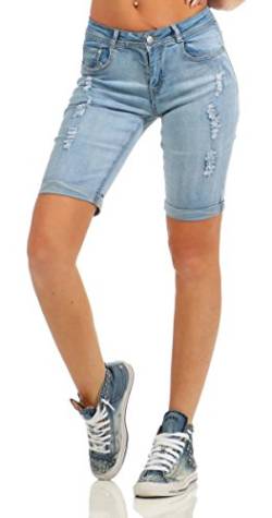 Fashion4Young 4971 Damen Jeans Bermuda Denim Shorts Kurze Hose Slim Fit Stretch Destroyed (hellblau, M-38) von Fashion4Young