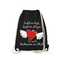 Fashionalarm Turnbeutel - Teufel Engel Wahnsinn | Fun Rucksack mit lustigem Spruch & Motiv Herz mit Flügel als Geschenk Idee für Frauen, Schwarz One Size von Fashionalarm