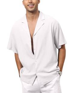 Fastkoala Herren Leinen Hemden Baumwolle T-shirt Kurzärmelig Sommer Strand Urlaub Lässig Oberteile Revers Button Down Weiß M von Fastkoala