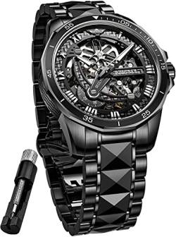 Skelett Herren Uhr Automatische Mechanische Selbstaufzug Luxus Saphir Kristall Wolfram Stahl Wasserdicht Leuchtend Kleid Armbanduhr, Schwarz, Mechanisch, selbstaufziehend von Fate Love