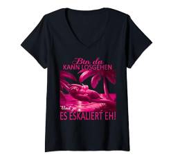 Damen Faultier Bin da kann losgehen und ja es eskaliert eh Kostüm T-Shirt mit V-Ausschnitt von Faultier Partykostüm für Mädelsabend Partyshirt