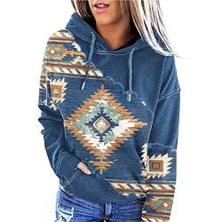 Damen Kapuzenpullover mit Azteken-Druck, langärmelig, Kordelzug, geometrisches Muster, Cowgirl, Western-Pullover, Tops, blau, 46 von FeMereina