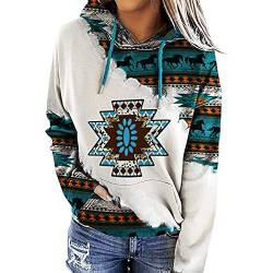 Damen Kapuzenpullover mit Azteken-Druck, langärmelig, Kordelzug, geometrisches Muster, Cowgirl, Western-Pullover, Tops, weiß / blau, 46 von FeMereina