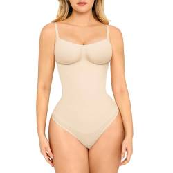 FeelinGirl Shapewear Damen Body Bauchweg Nahtlos Bodysuit V-Ausschnitt Formende Sringbody Überbrust Seamless Bodyshape mit Verstellbarer Riemen Hautfarben XL/XXL von FeelinGirl