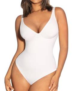 FeelinGirl Shapewear Damen Body Tiefer V-Ausschnitt Bauchweg Bodysuit Tanga Formende Bodys Mode-Shaper mit Breite Schultergurte Weiß M von FeelinGirl