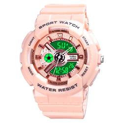 FeiWen Damenuhr Wasserdicht Outdoor Sportuhr LED Digital Analog Quarz Doppel Zeit Elektronik Alarm Stoppuhr Armbanduhren (Rosa) von FeiWen