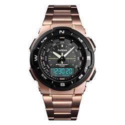 FeiWen Fashion Unisex Digitale Sport Uhren 50M Wasserdicht Outdoor Militär Multifunktional Armbanduhren Plastik Wählen mit Edelstahl Band Analog Quarz LED Zwei Zeit Armbanduhren (Rose Gold) von FeiWen