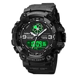 FeiWen Herren Outdoor Sport Digital Multifunktional Groß Wählscheiben Plastik Armbanduhren mit Kautschuk Band Militär Uhren LED Analog Doppel Zeit Wasserdicht (Schwarz) von FeiWen