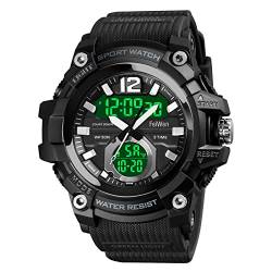 FeiWen Herrenuhr Outdoor Sportuhr Digitaluhr Militär Uhren Wasserdicht Multifunktional Analog Quarz LED DREI Zeit Alarm Stoppuhr Countdown Plastik Armbanduhren mit Kautschuk Band (Schwarz) von FeiWen