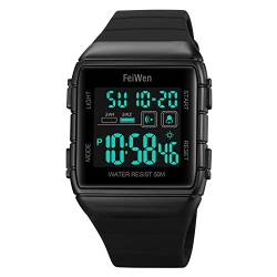 FeiWen Unisex Uhren Digitaluhr Sportuhr Multifunktional Countdown Alarm Outdoor Wasserdicht LED Doppelte Zeit Plastik Armbanduhren mit Kautschuk Band (Schwarz) von FeiWen