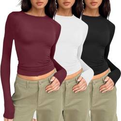 3er Pack Langarmshirt Slim Fit Damen Y2K Oberteile Langarm Shirts Rundhals Cropped Tee Einfarbig Basic Crop Tops Casual Athletisches Top Teenager Streetwear V Ausschnitt Vintage Clothes von FeiliandaJJ