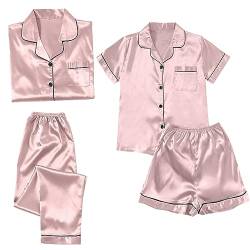 FeiliandaJJ Pyjama Damen Satin Kurz 4-teiliges Schlafanzug Kurzarm Nachtwäsche Cami and Shorts Set Frauen Pjs Sets Hausanzug Loungewear von FeiliandaJJ