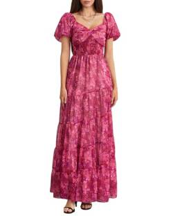 Damen Blumendruck Maxikleid Kurze Puffärmel Herzausschnitt Tunika Taille A-Linie Kleid 2024 Sommer Trendiges Kleid, A-purple, L von Felcia