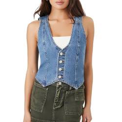 Felcia Ärmellose Denim-Weste für Damen, sexy, V-Ausschnitt, Button-Down-Denim-Weste, lässig, bauchfrei, zum Ausgehen, Jeans-Gilet, C-Blau, 38 von Felcia