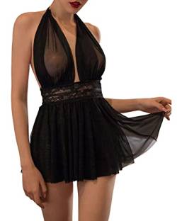 Felcia Damen-Neckholder-Dessous-Kleid, sexy, tiefer V-Ausschnitt, durchscheinendes Netzgewebe, rückenfreies Unterhemd, Nachtwäsche, A-schwarz, One size von Felcia