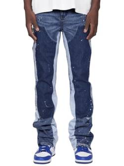 Herren Micro Flare Jeans Mode Tintenspritzer Patchwork Denim Hose Frühling Sommer Freizeithose mit Taschen, A-Blau, M von Felcia