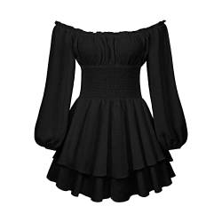 Women Off Shoulder Long Sleeve Renaissance Dress Solid Color Mesh Boat Neck Loose Short Dress Without Bustier (B-Schwarz, S) von Felcia