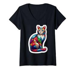 Damen Bunte Kätzchenliebhaber, niedliche Geometrie, Mosaik-Stil, Kunst Katze T-Shirt mit V-Ausschnitt von Feline Animal Kitty Friends Enthusiasts