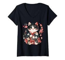 Damen Flower Lover Vintage Kätzchen Traditionelle japanische Kunst Katze T-Shirt mit V-Ausschnitt von Feline Animal Kitty Friends Enthusiasts