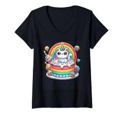 Damen Geburtstagskuche, Katze, Regenbogenfarben T-Shirt mit V-Ausschnitt von Feline Animal Kitty Friends Enthusiasts