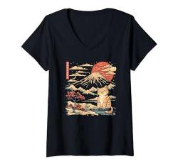 Damen Mt. Fuji Sunset Kätzchenliebhaber, japanische Kunst, niedliche Katze T-Shirt mit V-Ausschnitt von Feline Animal Kitty Friends Enthusiasts