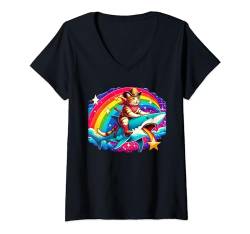 Damen Shark Ride Kätzchenliebhaber Regenbogen Tier Meme Cowboy Katze T-Shirt mit V-Ausschnitt von Feline Animal Kitty Friends Enthusiasts