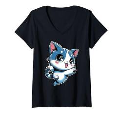 Damen Verspielte fröhliche Kätzchenliebhaber, japanische Kunst, niedliche Katze T-Shirt mit V-Ausschnitt von Feline Animal Kitty Friends Enthusiasts