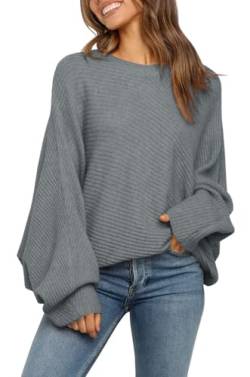 Fessceruna Damen Pullover Oversize Fledermausärmel Strickpullover Winter Rundhals Pulli Geripptes Sweatshirt(Grau, L) von Fessceruna