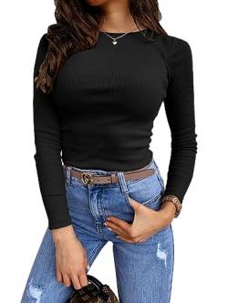 Feziakuk Damen Sexy Enges Oberteil Strick Langarm Rippshirt Mode Casual Pullover Slim Fit Top, Schwarz M von Feziakuk