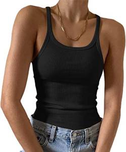 Feziakuk Spaghetti Top Damen Sexy Ärmellos Unterhemd Gerippte Tank Top Basic Einfarbig Camisole Sommer Oberteile, Schwarz S von Feziakuk