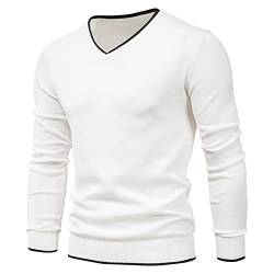 Feziakuk Strickpullover Herren V-Ausschnitt Pullover Herbst Winter Langarm Sweater Basic Winterpullover Warm Arbeitspullove Tops, Weiß XXL von Feziakuk