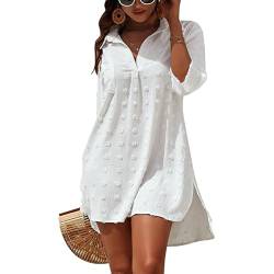 Figarge Strandkleid Damen Bikini Cover Up V-Ausschnitt Baumwolle Strandtunika Sommer Pareos Button Down Strandponcho Badeanzug Strand (DE/NL/SE/PL, Alphanumerisch, M, Regular, Regular, Weiß) von Figarge