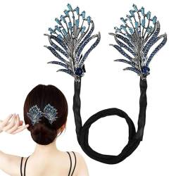 Figskey 2024 Strass Blume Haarspange, Lazy Hair Curler Deft Bun Maker Walschwanz Strass Blume Haarspange Ozeanblau Feder Haarnadel Elegante Haarspange für Frauen (#2) von Figskey