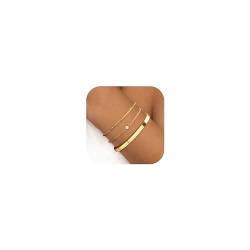 Finrezio 3-5 Stück Armband Damen Gold 14 Karat Vergoldet Stapelarmbänder Edelstahl Figaro Perlen Ketten Armbänder Verstellbare Armband Set Wasserdichter Gold Schmuck für Damen von Finrezio