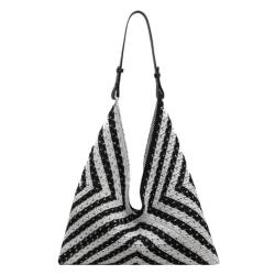 Fiorky Damen-Strick-Tragetasche, schwarz-weiße Umhängetasche, geometrische Sommer-Strandtasche mit PU-Riemen, Hobo-Tasche für Reisen, Urlaub, Urlaub von Fiorky