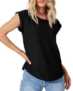 Damen T-Shirt Lässige Sommer Oberteile Mützenärmel Tops Rundhalsausschnitt Einfarbige Blusen.Schwarz.S von Fisoew