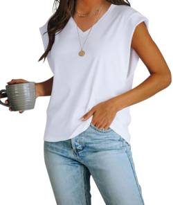 Fisoew Bluse Damen Ärmellose Cap Sleeve Tank Top V-Ausschnitt T-Shirts Sommer Casual Basic Tees Oberteile Weiß S von Fisoew