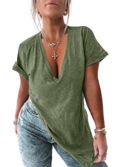 Fisoew Damen Deep V-Ausschnitt T Shirts Seitlich Geschlitzt Oversized Kurzarm Sommer Loose Tunika Top Sexy Oberteile.Armee-Grün.L von Fisoew