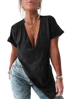 Fisoew Damen Deep V-Ausschnitt T Shirts Seitlich Geschlitzt Oversized Kurzarm Sommer Loose Tunika Top Sexy Oberteile.Schwarz.L von Fisoew