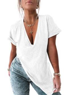 Fisoew Damen Deep V-Ausschnitt T Shirts Seitlich Geschlitzt Oversized Kurzarm Sommer Loose Tunika Top Sexy Oberteile.Weiß.XL von Fisoew