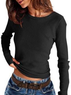 Fisoew Damen Langarmshirt Waffelstrick Longshirts mit Daumenlöcher Rundhals Basic Pullover Slim Fit Tops (Schwarz, M) von Fisoew